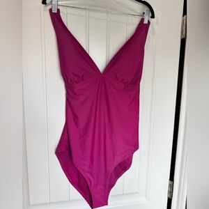 Old Navy Hot Pink Plunge One Piece Swimsuit XL Tie Back Deep V Bathing Suit NWOT